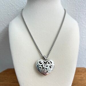 Brighton Puffy Heart Pendant Necklace Silver Tone Scroll Mingle Contempo EUC